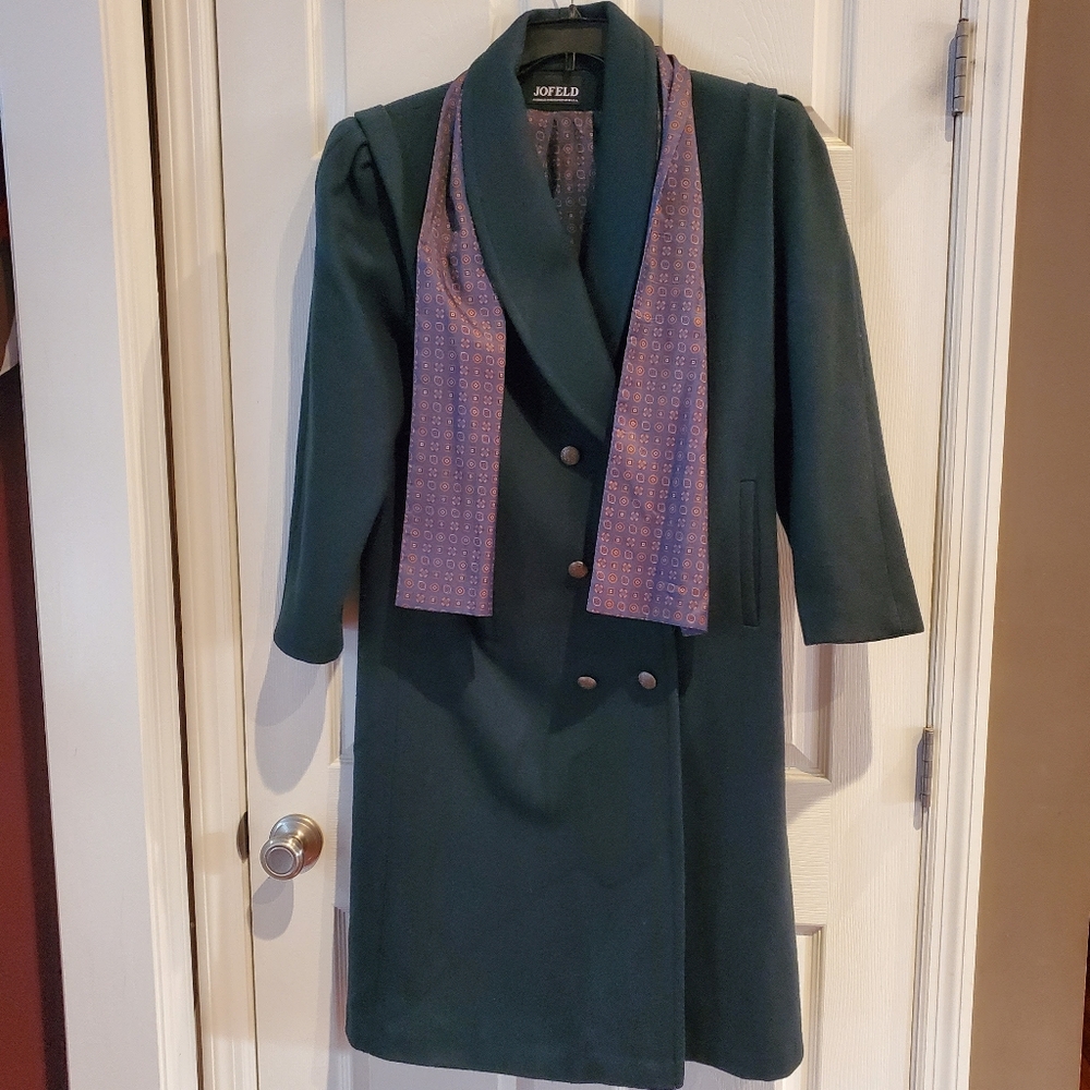 Vintage Jofeld Green Wool Long Wrap Pea Coat Made USA Women Large Overcoat